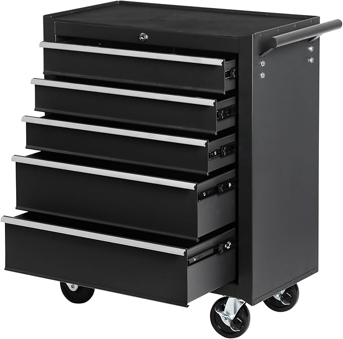 5 Drawers Metal Rolling Tool Chest on Wheels, Lock Tool Box Tool Organizer Cart, Multifunctional Drawers Rolling Tool Trolley Storage Cabinet for Garage,Warehouse,Workshop,Repair Shop(BLACK)