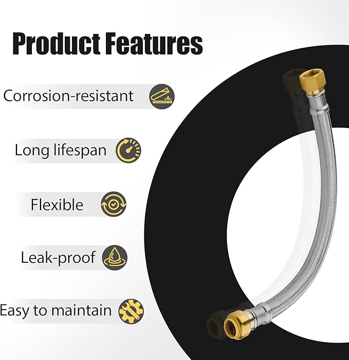 30 Pack Foskan 12-Inch Flexible Water Heater Connector Hose,with 1/2" Push-Fit x 3/4" FIP,Compatible with Copper, PEX, CPVC, and PE-RT Pipes for Water and Heating Use（12" Length）