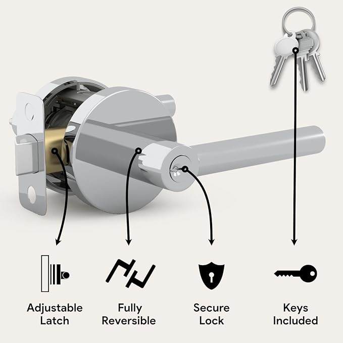 Mega Handles - Ronn Entrance I Entry Lever Door Handle - Heavy Duty Round Locking Lever Set for Left or Right-Handed Doors - Interior/Exterior Door Levers - Polished Chrome