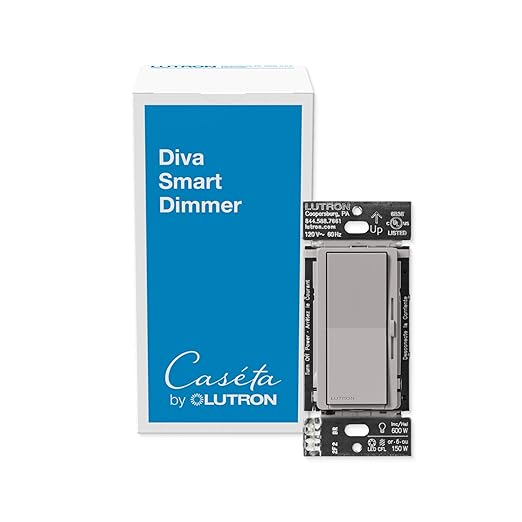 Lutron Diva Smart Dimmer Light Switch for Caseta Lighting (Lutron Smart Hub Required), for LED Lights, 150W, Single-Pole/3-Way, No Neutral, Gray (DVRF-6L-GR)