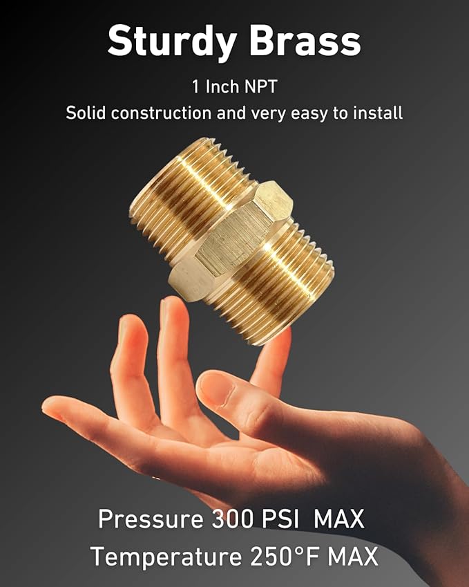 1 Inch x 1 Inch NPT Brass Hex Nipple Male Pipe Adapter, Thread OD 1-1/4", (1 Piece)