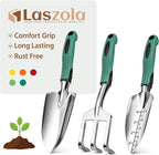 LASZOLA 3 Piece Garden Tool Set Include Hand Trowel Rake and Transplant Shovel for Women, Indoor Heavy Duty Small Spade Kit with Ergonomic Handle to Weed and Loosen, for Mom and Plant Beginner, Teal