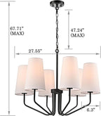 Modern Black Metal Chandelier with Linen Shade 6-Light E26 Adjustable Chandelier for Living Room, Dining Room, Bedroom, Kitchen Island