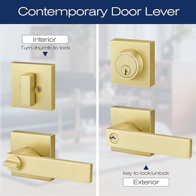 EHOMEWARE 2 Pack Door Handleset with Single Cylinder Deadbolt, Satin Brass Deadbolt, Reversible for Right and Left Side Single Keyed Square Deadbolt Lock Set