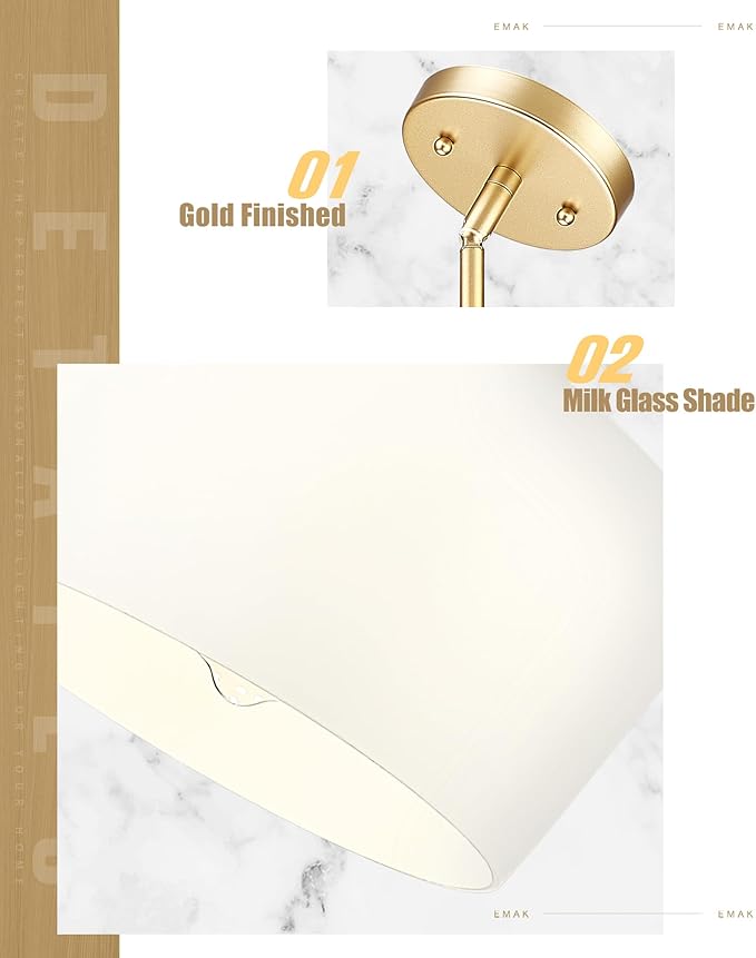 Emak Modern Pendant Lights Kitchen Island, 8 Inch Gold Pendant Light with Milk Glass Shade, Hanging Light Fixture for Kitchen Island, Dining Room, Bathroom, Bedroom, PL122-GD-ML