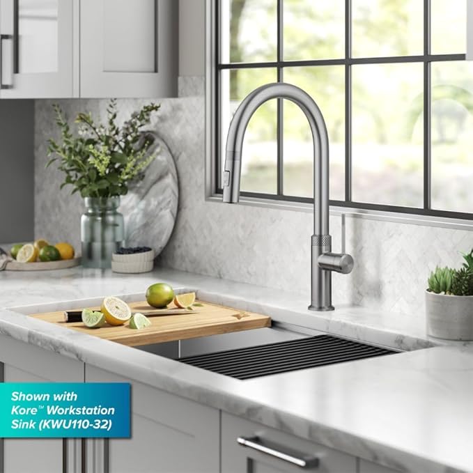 KRAUS Oletto Modern Industrial Pull-Down Single Handle Kitchen Faucet in Spot Free Stainless Steel, KPF-2654SFS