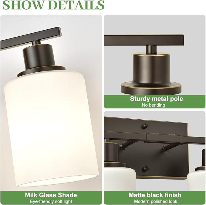4-Light Bathroom Light Fixtures, Vanity Light with Milky White Shades, Oil-Rubbed Bronze Bathroom Light Fixtures Over Mirror, Modern Bathroom Wall Lamp for Mirror Living Room Cabinet Bedroom