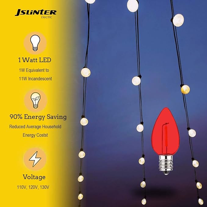 Jslinter 25Pack C7 LED String Light Bulbs, E12 Candelabra Base Christmas Replacement Bulbs for Holiday Decoration, Shatterproof, E12 Screw Base, Vintage Edison Bulbs for Patio Garden