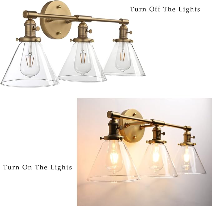 Phansthy 3-Light Wall Sconces Antique Brass Vanity Light, Industrial Wall Lamps with On Off Switch and Clear Glass Lampshade, Vintage Wall Lighting for Bathroom Living Room (Antique, Cone Shade)