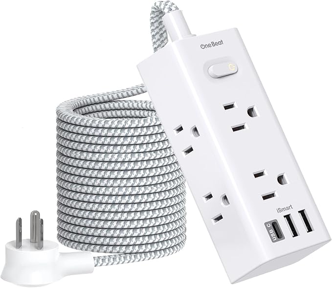 One Beat 20 Ft Extension Cord, Power Strip Surge Protector with 6 Widely Outlets 3 USB Ports (1 USB C), 3-Side Outlet Extender, Wall Mount Flat Plug Power Strip for Travel Home Office College Dorm