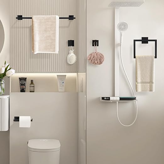 YACVCL Black Towel Bar Set 5-Piece Bathroom Hardware Accessories Set,SUS304 Stainless Steel Towel Rack Set,23.6 Inch Towel Bar,Toilet Paper Holder,Towel Ring and Towel Hooks,Wall Mounted