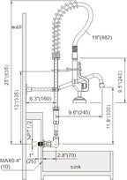 Commercial Kitchen Faucet Wall Mount with Pre-Rinse Sprayer 8 Inch Center Wall Mount Kitchen Sink Faucet with 9.6" Add-on Swing Spout 25" Height Faucet with Pull Down Spray