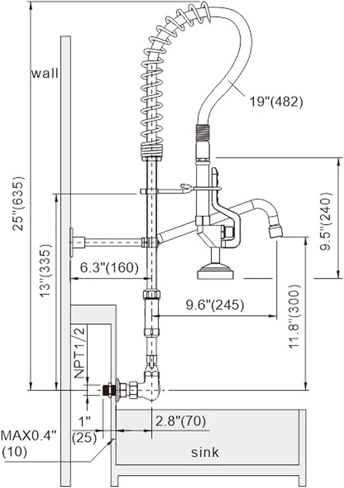 Commercial Kitchen Faucet Wall Mount with Pre-Rinse Sprayer 8 Inch Center Wall Mount Kitchen Sink Faucet with 9.6" Add-on Swing Spout 25" Height Faucet with Pull Down Spray