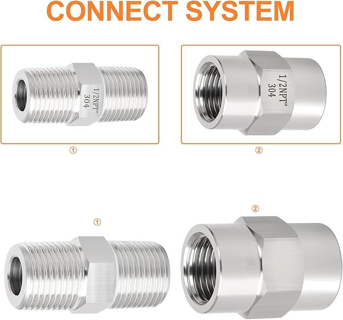 GASHER 4PCS 304 Stainless Steel Pipe Fitting, Hex Nipple Hex Coupling, 1/2" x 1/2" NPT Male Thread Pipe, 1/2Inch x 1/2Inch NPT Female Thread Pipe