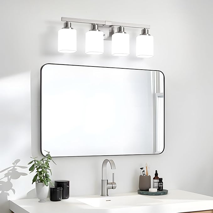 4-Light Bathroom Vanity Light,Brushed Nickel Vanity Lights with Square Frosted Glass,Modern Bathroom Wall Lights Fixtures Over Mirror,Wall Sconces Lighting for Bedroom Living Room,E26