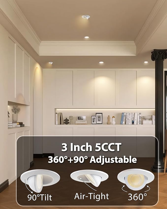 Adetu 3 Inch 5CCT Gimbal Led Recessed Lighting with Junction Box, 2700K/3000K/3500K/4000K/5000K Selectable, 7W Eqv 80W, 360°+90° Adjustable Recessed Lights, 800LM Brightness - ETL (White, 6 Pack)