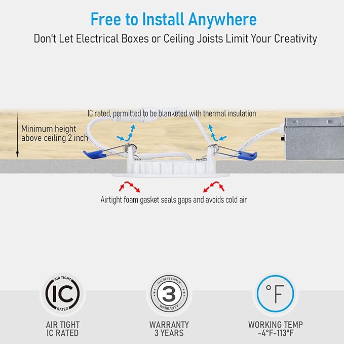 TORCHSTAR 5CCT 3 Inch Slim LED Recessed Lighting with Junction Box, CRI90 Dimmable 6W Ultra-Thin LED Recessed Light, 2700K-5000K Selectable, 450LM Downlight, ETL & Energy Star, Pack of 6