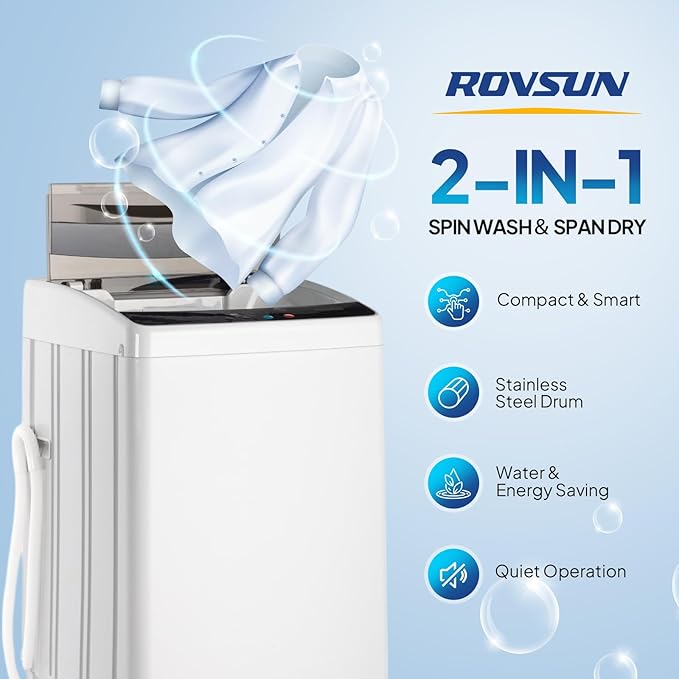 ROVSUN 30LBS Washing Machine, Full-Automatic Portable Washer with Stainless Steel Drum, Electric Laundry Machine, Washer and Spin Dryer Combo with Drain Pump for Home, Apartment, Light Grey