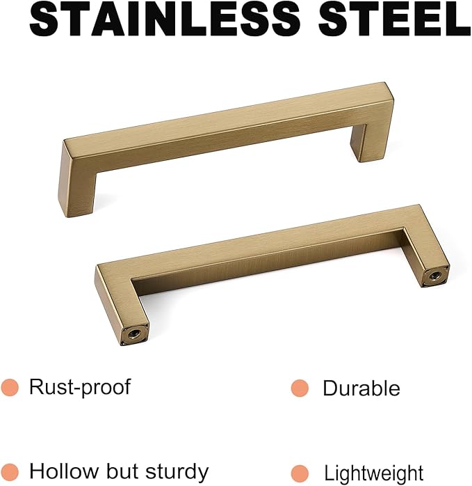 30 Pack Champagne Cabinet Pulls 5 Inch Hole Center Square Champagne Bronze Cabinet Handles Dresser Drawer Handles Stainless Steel Kitchen Handles for Cabinets Kitchen Hardware