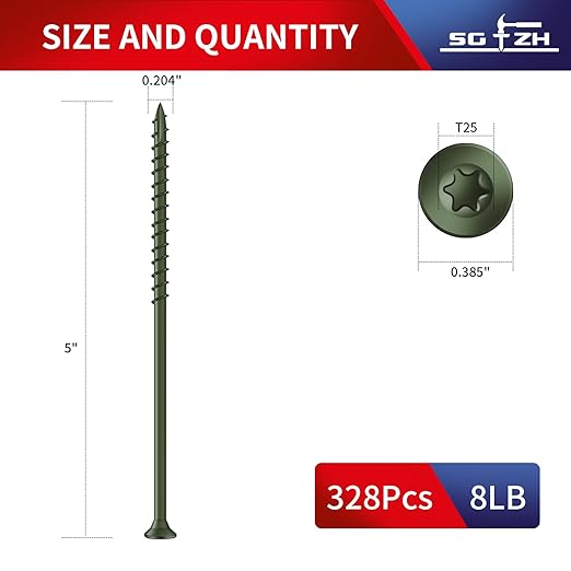 #10 x 5 Deck Screws (328Pcs) 8lb. Exterior Wood Screws. Carbon Steel, Green, Flat Head, Rust Resistant epoxy Coated, with T25 Star Bit