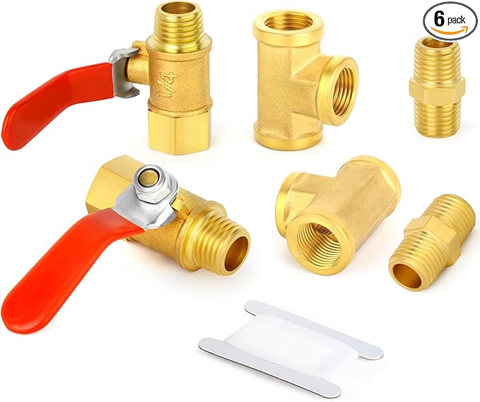 GASHER 6PCS 1/4 Inch NPT Brass Pipe Fitting, Ball Valve, Barstock Tee Brass Pipe Fitting and Air Hose Fitings