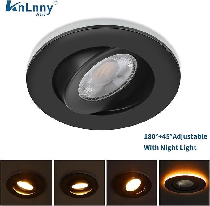 Black recessed Lights with Night Light 4 Inch 6 Pack, Gimbal canless recessed Lights with Junction Box,9W 750LM,Dimmable,5CCT Selectable,Air Tight