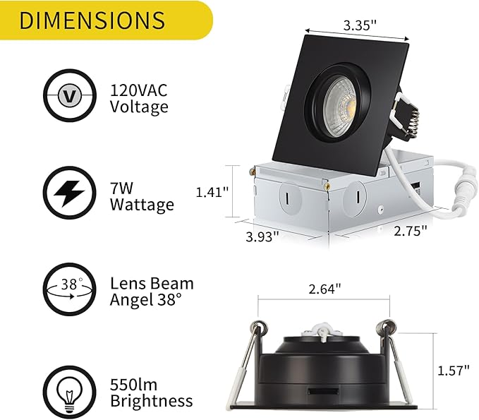 Square Black Recessed Lighting 3 Inch 6 Pack, Ajustable Eyeball recessed Light with Junction Box,5 Color Selectable,Airtight,9W 750LM,Dimmable,Black