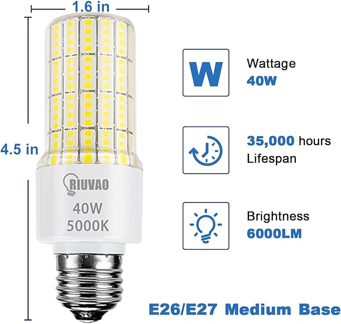 Led Light Bulbs 300W Equivalent Super Bright 5000Lm 5000K Cool Daylight White Led Bulb E26/E27 Medium Base 40w Waterproof Leds Corn Light Bulb for Outdoor Indoor Lamp Bedroom Office Garage-2 Pack