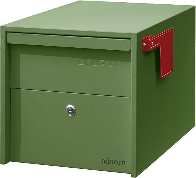 Adoorn Lockable Post Mount Mailbox | Small (Green). Size 12 x 12 x 18.5 (HxWxD) Anti-Theft Locking Mailbox with 2 Keys, Modern Mailbox with Flag, Weatherproof Mailboxes for Outside