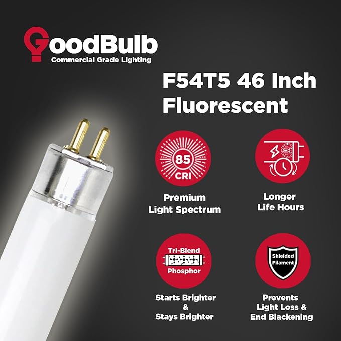 GoodBulb F54T5/835/ECO 54W 46 Inch T5 Fluorescent Light Bulb 3500K Soft White Color Medium Bi-Pin Base 4950 Lumens 85 CRI 36000 Life Hours Instant/Programmed Start Pack of 40 Bulbs