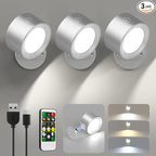 Lightbiz LED Reading Lights, Wall Lights Sconces 3 Pcs with Remote Rechargeable Battery Operated, 3 Color Temperatures & Dimmable Light Magnetic Ball 360°Rotation, Lamps for Study Bedside Closet
