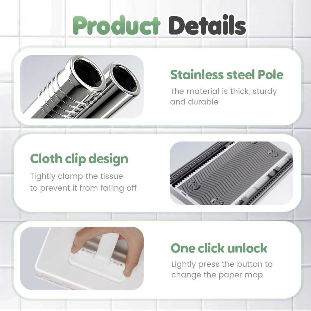 Disposable Dust Mop with 4 Reusable Cloths, Flat Mop with Disposable Pads, 39" Long Handle Wet and Dry Mopping Sweeper Stick with Locking Head & Sweeping Cloths for Multi Surface Floor Cleaning