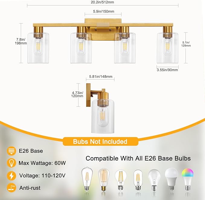 Brushed Gold Bathroom Light fixtures, Gold Vanity Light with Clear Glass Shades,Living Room Bedroom Hallway,Bathroom Lights Fixtures Over Mirror