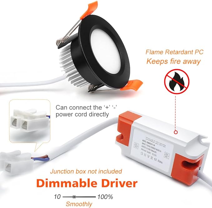 2 Inch LED Downlight, Recessed Lighting Dimmable Ceiling Light, 3W, 5500K Daylight White, CRI80 with LED Driver(35W Halogen Equivalent), Black 20 Pack