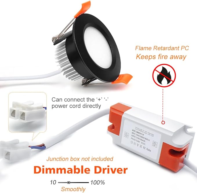 2 Inch LED Downlight, Recessed Lighting Dimmable Ceiling Light, 3W, 4000K Natural White, CRI80 with LED Driver(35W Halogen Equivalent), Black 20 Pack