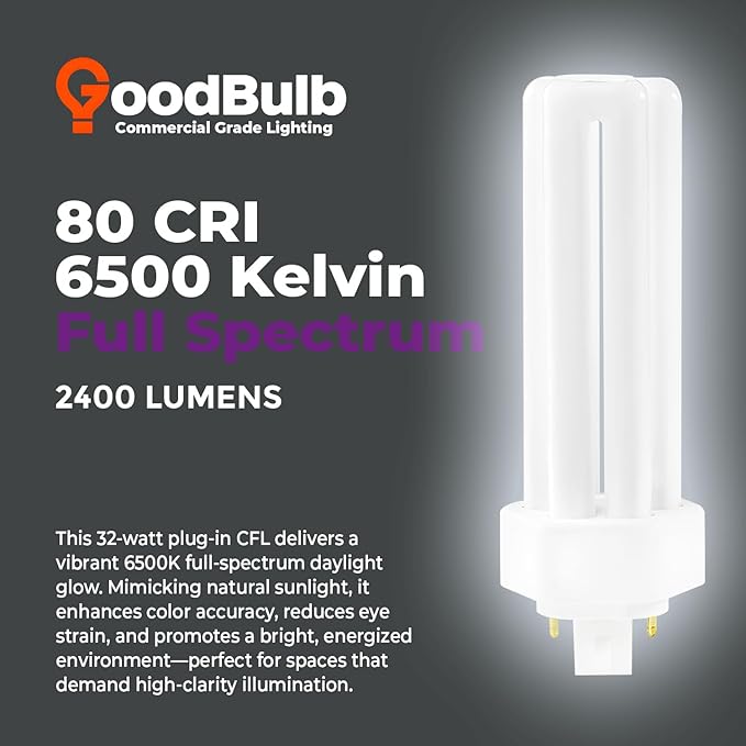 GoodBulb 32 Watt CFL Light Bulbs 4 Pin GX24Q-3 Base 6500K Full Spectrum 32W High Output 2400 Lumens Triple Tube Compact Fluorescent Light Bulbs Plug-in 10 Pack