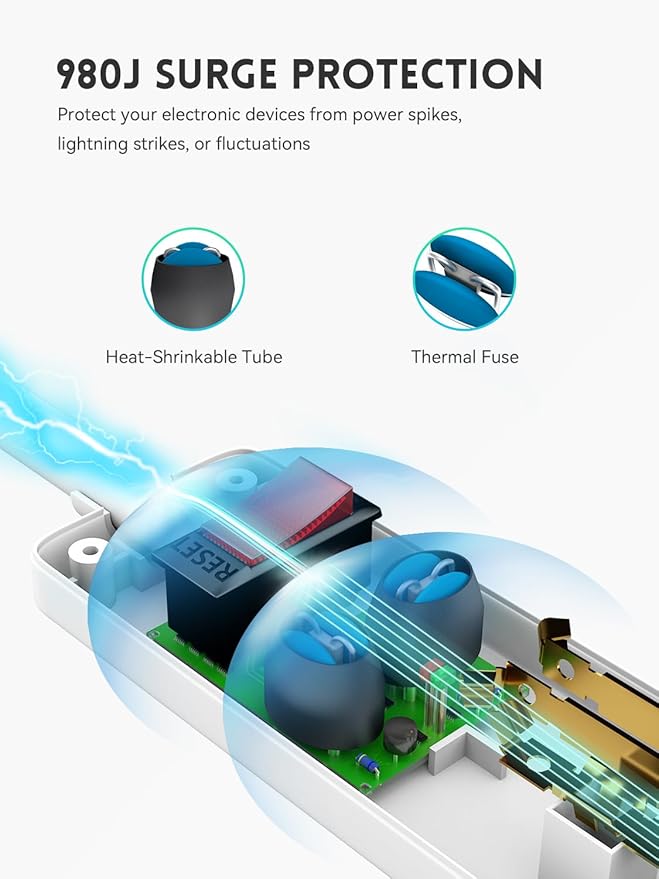 PLUGTUL 2 Pack Surge Protector (980 Joules), Flat Plug Power Strip, 4FT Extension Cord with Multiple Outlets, 6 Outlets, ETL Listed, 14 Gauge, Wall Mountable for Home Office Garage, White