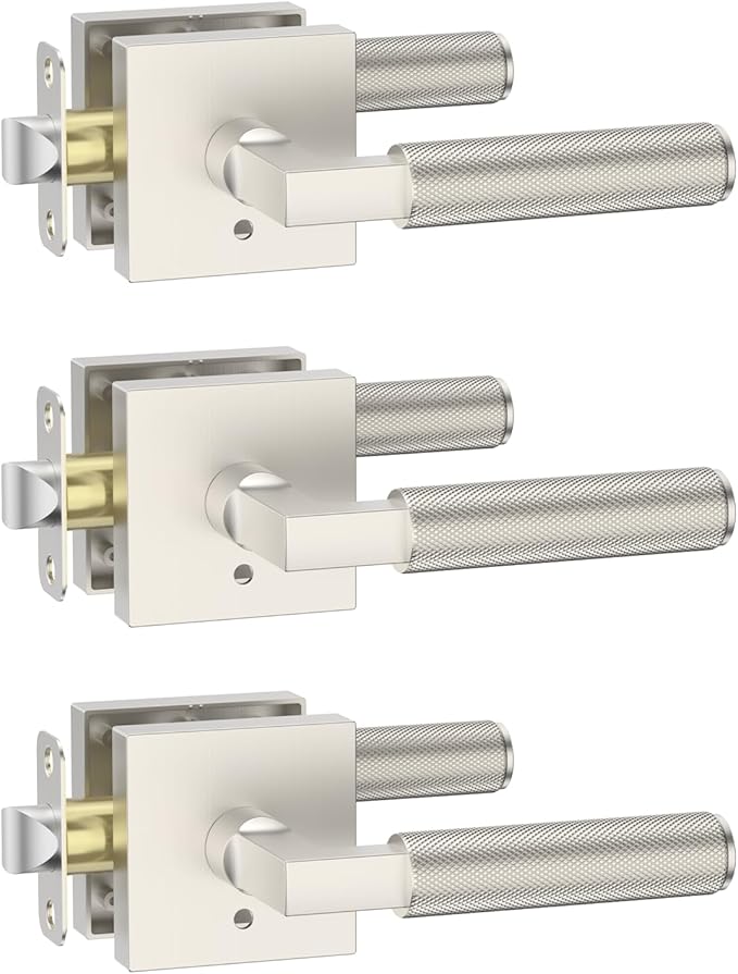 Amerdeco 3 Pack Privacy Door Handles, Brushed Satin Nickel Interior, Knurled Lever, Heavy Duty for Bedroom and Bathroom, Reversible Keyless for Right & Left Side AM0021
