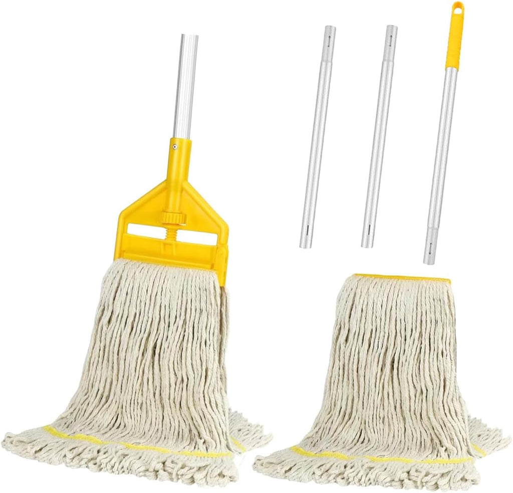 Industrial Heavy Duty Cotton Mop with Two Loop-End String Wet Mop Head,59" Long Handle Looped-End String Wet Cotton Mops for Floor Cleaning