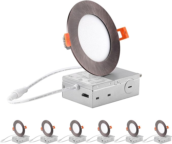 ZYC recessed Lighting 4 inch - 6Pack 9W 800LM High Brightness,5CCT 2700K/3000K/3500K/4000K/5000K Selectable,Ultra-Thin LED Recessed Ceiling Light,Dimmable Canless Wafer Downlight,Pack of 6 Bronze.