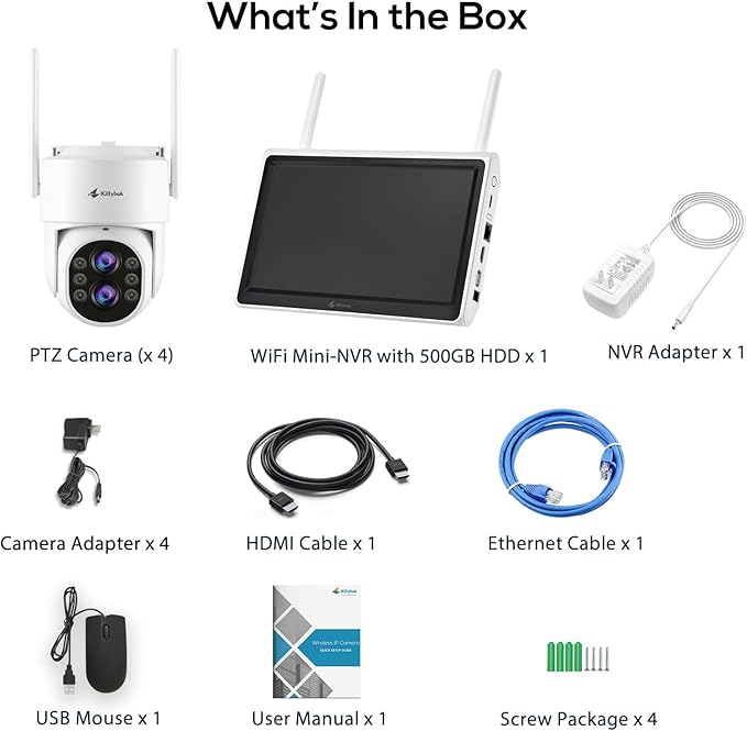 Kittyhok Wireless Security Camera System Outdoor with Monitor | 4pcs 2K Dual Lens PTZ Security Cameras, 10x Mixed Zoom, Auto Tracking, Human Detection, Spotlight | 10CH NVR with 10" Monitor, 500GB HDD