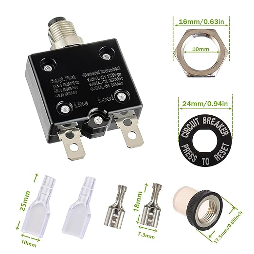 25A Manual Reset Push Button Circuit Breaker 125/250V AC 50V DC Thermal Overload Protector with Quick Connect Terminals and Waterproof Button Caps Assortment Kit(Pack of 1 pcs)