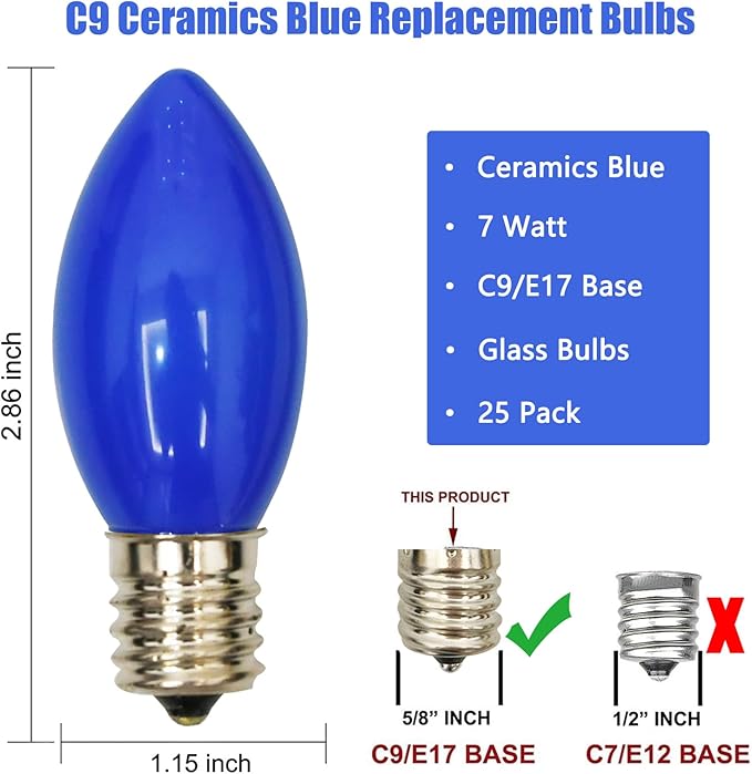 SUNSGNE 25 Pack C9 Christmas Replacement Night Light Bulbs, 7 Watt Incandescent Light Bulbs for C9 Christmas String Lights, Candle Lamps, Night Lights, Blue, E17 Intermediate Base