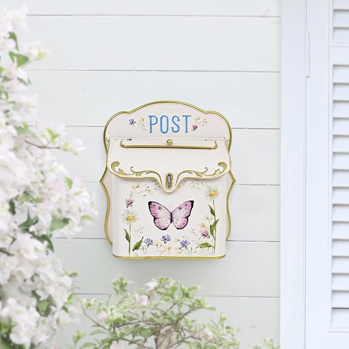 Mailbox Wall Mount Mailboxes for Outside Vintage Mail Boxes for House Outside Metal Drop Box Antique Style Nostalgic Charm Home Decorative Butterfly Pink