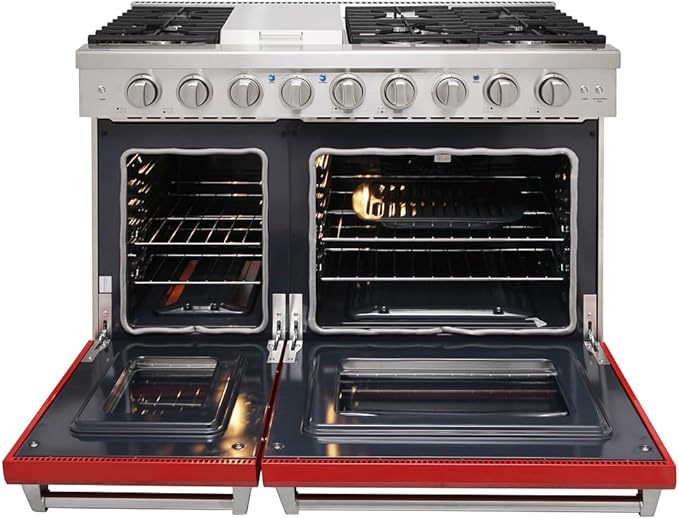 48 Inch Pro-Style Propane Gas Range with 6 Burners & 1 Griddle Cooktop, Double 4.6 cu. ft. and 2.2 cu. ft. Oven, in Stainless Steel - KOS-48RG03MLP (Red)