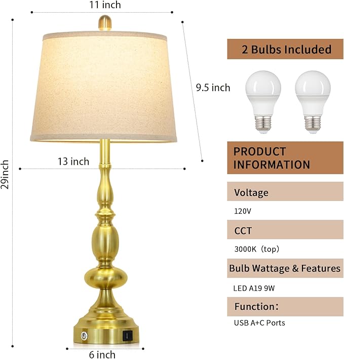29" Modern Gold Table Lamps Set of 2, Industrial Touch Control 3-Way Dimmable Bedside Lamp with USB C+A Ports, Metal Farmhouse Nightstand Lamps for Living Room Bedroom End Tables(2 LED Bulbs Included)
