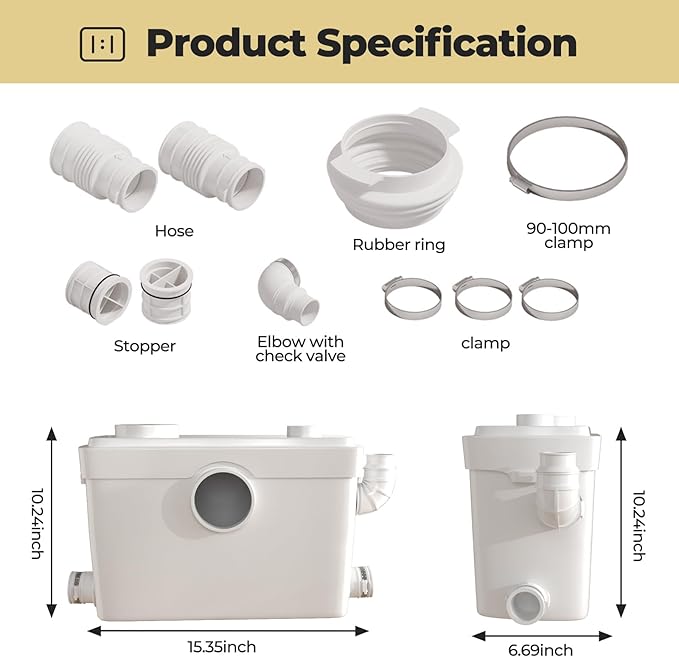 Macerating Pump for Basement Upflush, 750W, 9600 L/h Flow, 36 ft/11 m Head, Macerator Sewerage Sump Pump with 3 Water Inlets for Toilet, Basement, Sink, Shower, Bathtub Waste Water Disposal