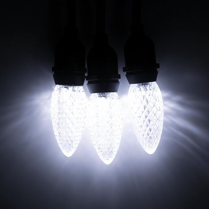 Meconard C9 Led Replacement Christmas Light Bulbs, C9 Shatterproof Led Bulbs for Christmas Indoor Outdoor String Lights, E17 Intermediate Base, Commercial Grade Holiday Bulbs, Cool White, 25Pack