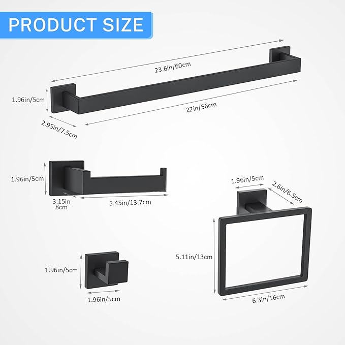 5 Pieces Towel Bar Set Matte Black Bathroom Hardware Accessories Set Include Towel Rack TP Holder Towel Ring Coat Hooks Stainless Steel Wall Mounted Towel Holder Set for Bathroom,23.6 in