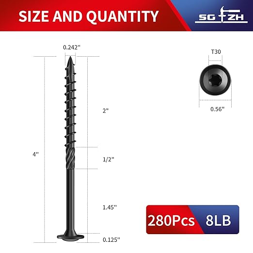 #14 x 4 Inch Lag Screws (280Pcs) 8lb. Structural Wood Screw, Black, Carbon Steel, Washer Head, Rust Resistant epoxy Coated, T30 Star Bit